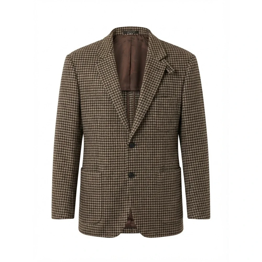Moon British Cloth Mens Vintage Houndstooth Tweed Wool Blazer Elbow Patches 42